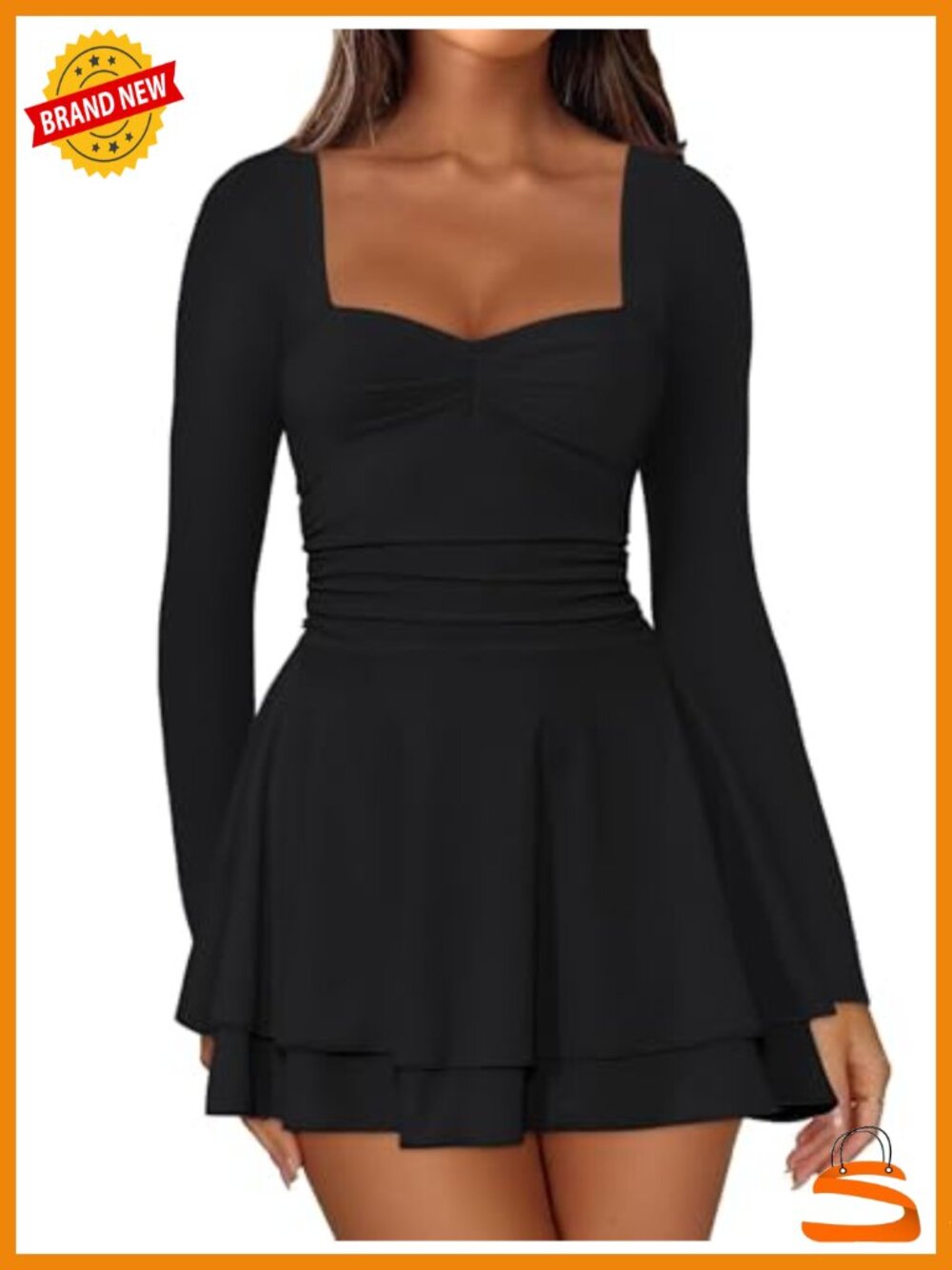 Black Square Neck Long Sleeve Mini Dress A-Line Party Club Corset Style